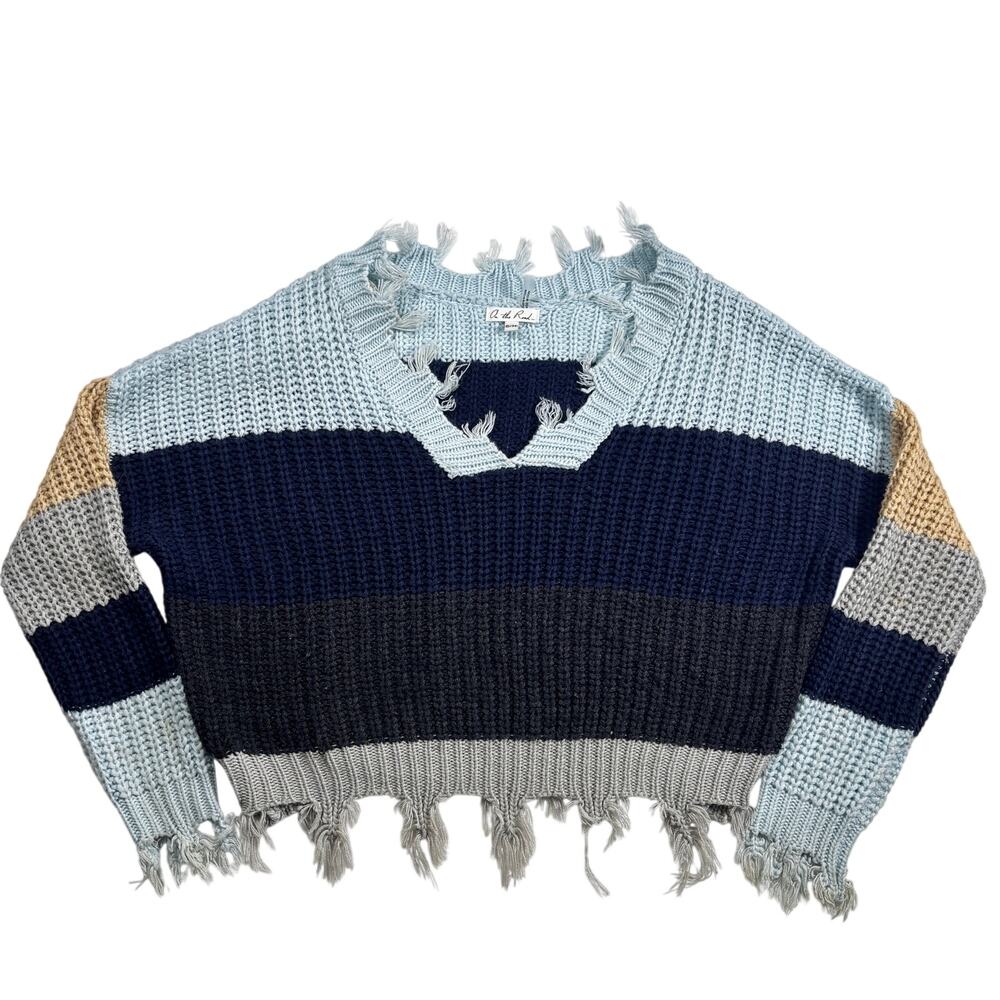 On the Road Color Block Fringe Chunky Knit Sweater Blue Tan Gray Size S/M